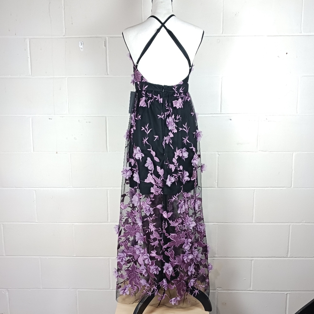 Venus Womens Lavender Black Floral 3-D Applique‎ Mesh Layered Maxi Dress Size 8 - Picture 5 of 11